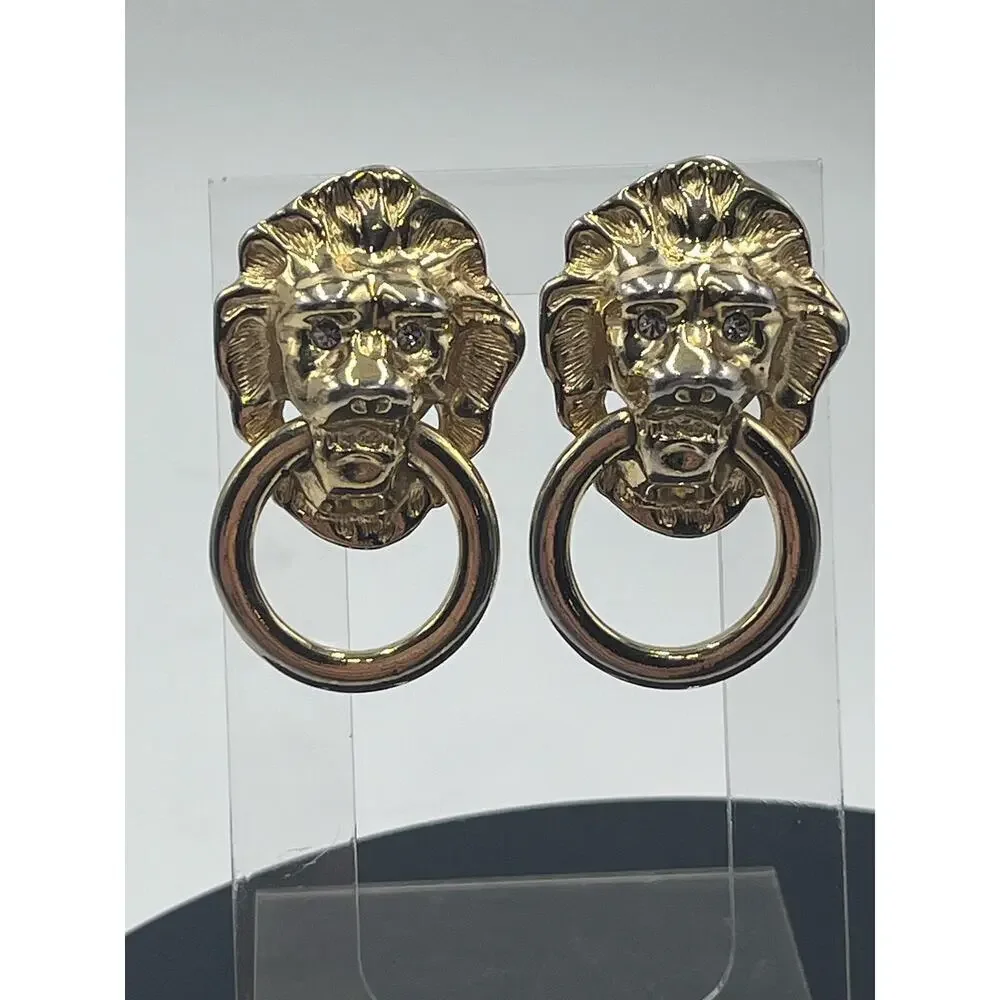 Kenneth Jay Lane Vintage 
Lionhead Doorknocker Rhinestone Eyes‎ Earrings - Picture 2 of 14